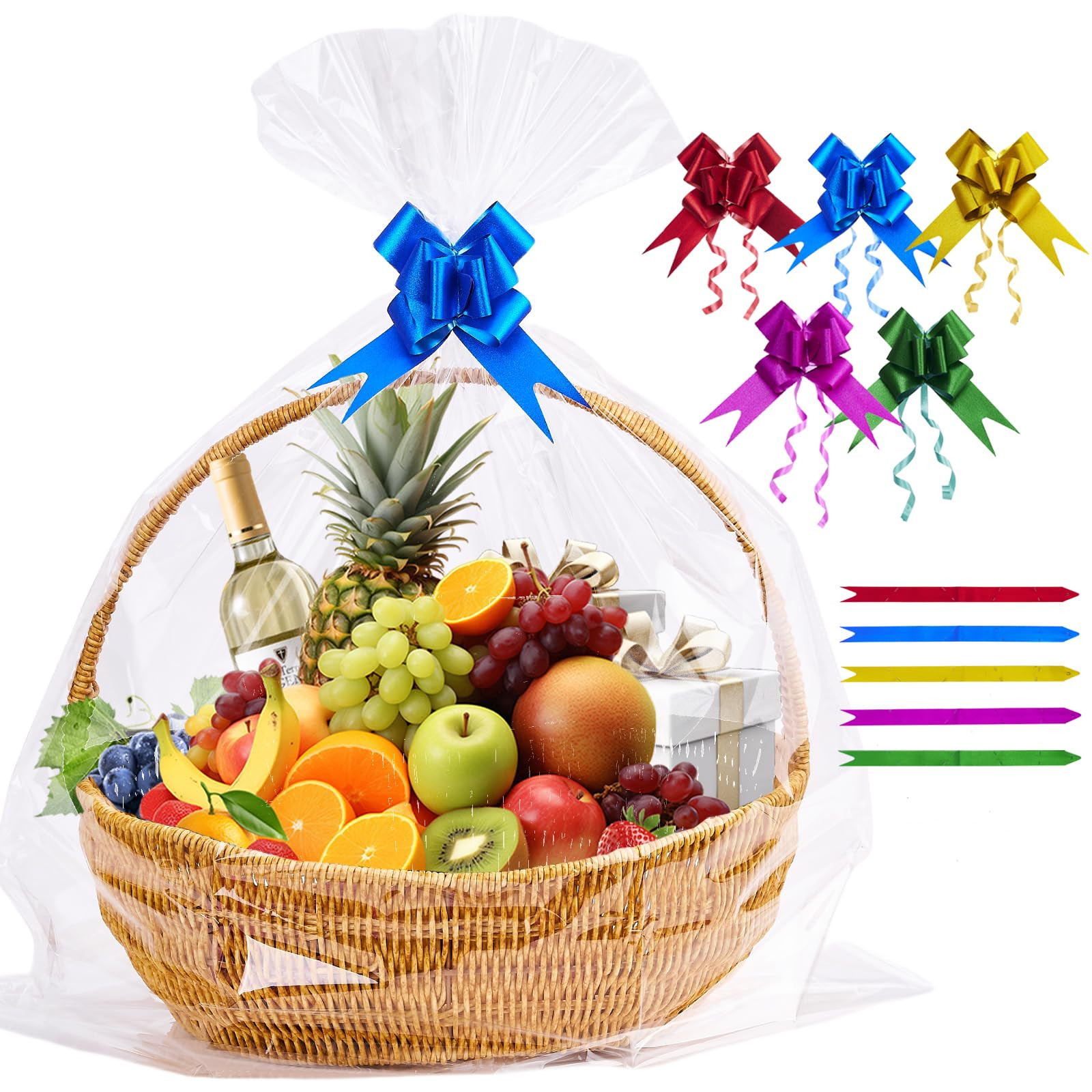 Homrelaxy 20 Pcs 24 x 30 Inches Cellophane Bags for Gift Baskets with 20 Colorful Pull Bows, Plastic Clear Basket Bags, Cellophane Wrap for Gift Baskets for Birthday, Wedding, Thanksgiving | Amazon (US)