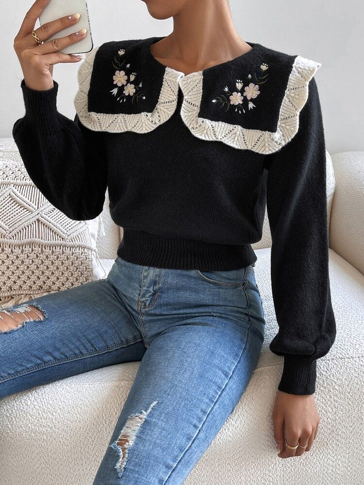 Floral Embroidery Contrast Trim Statement Collar Lantern Sleeve Sweater | SHEIN