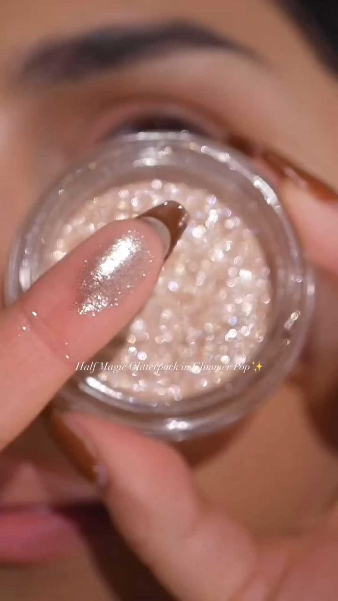 @halfmagicbeauty glitterpuck in glimmer pop✨✨ a gorgeous champagne glitter for the eyes,face, and body!💫 #glittereyeshadow #sparklyeyeshadow #halfmagicbeauty #ultabeauty