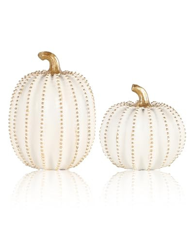 GoGnome Set of 2 White & Gold Decorative Pumpkins – Resin Fall Harvest Table Centerpiece, Elegant Autumn Décor for Thanksgiving Decoration Farmhouse Home (White) | Amazon (US)