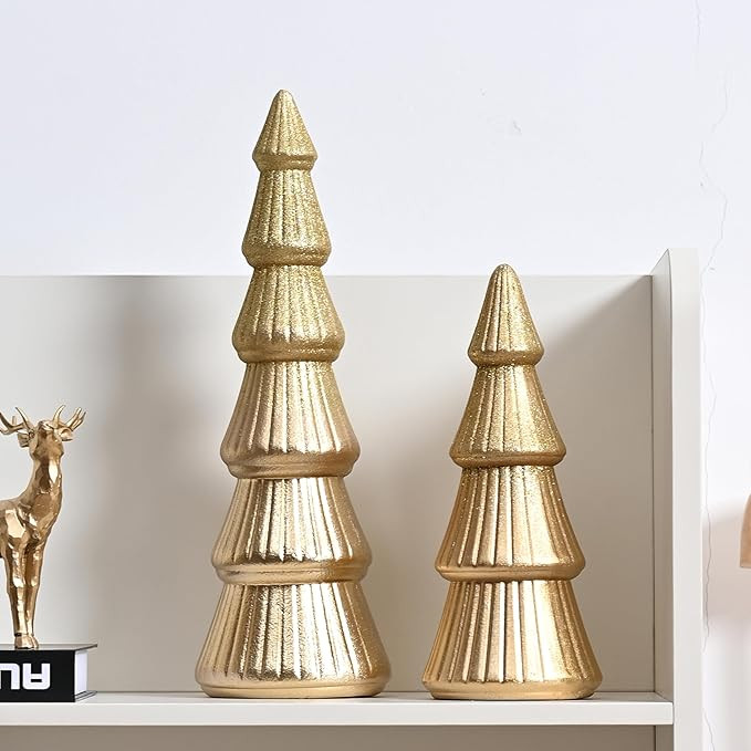 Wooden Christmas Tree Figurine, 2Pcs Gold Tree Figurines, Decorative Trees for Tabletop, Small Gl... | Amazon (US)