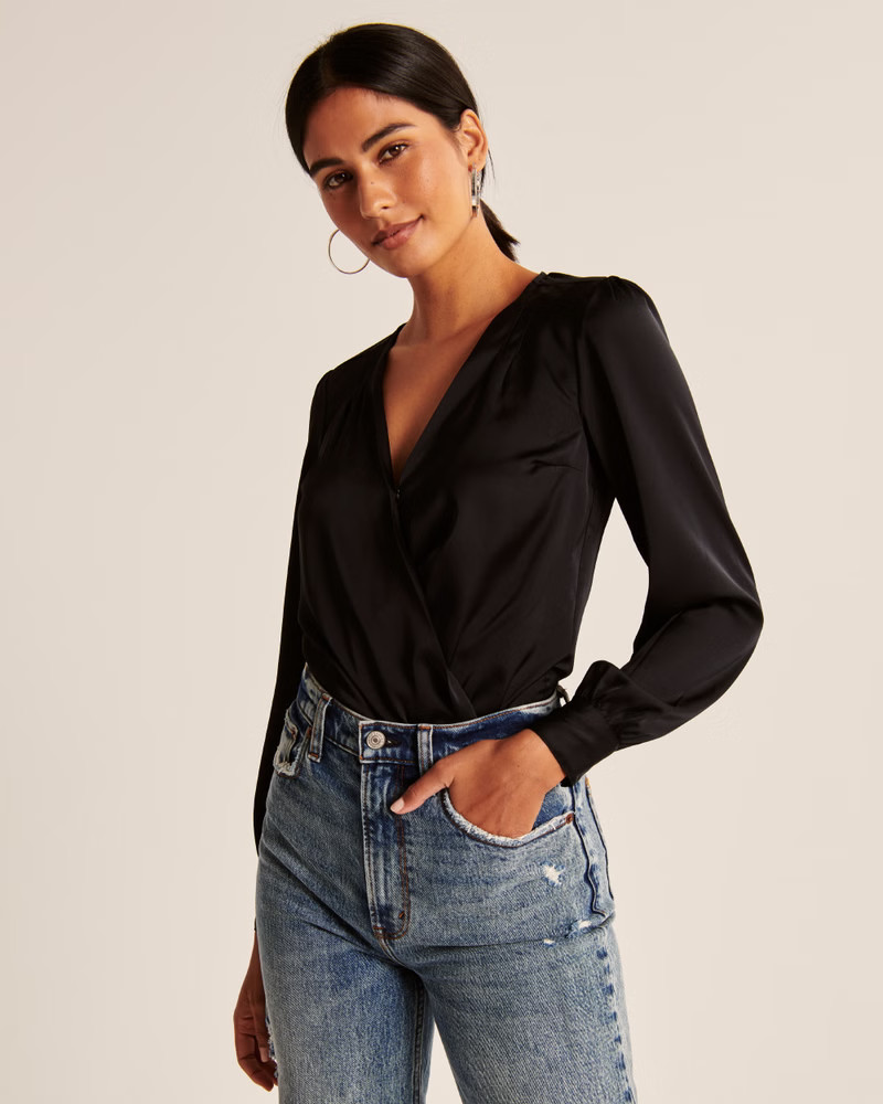 Long-Sleeve Wrap Satin Bodysuit | Abercrombie & Fitch (US)