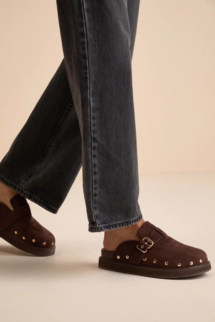 Tripoli Coffee Suede Studded Slide-On Clogs | Lulus