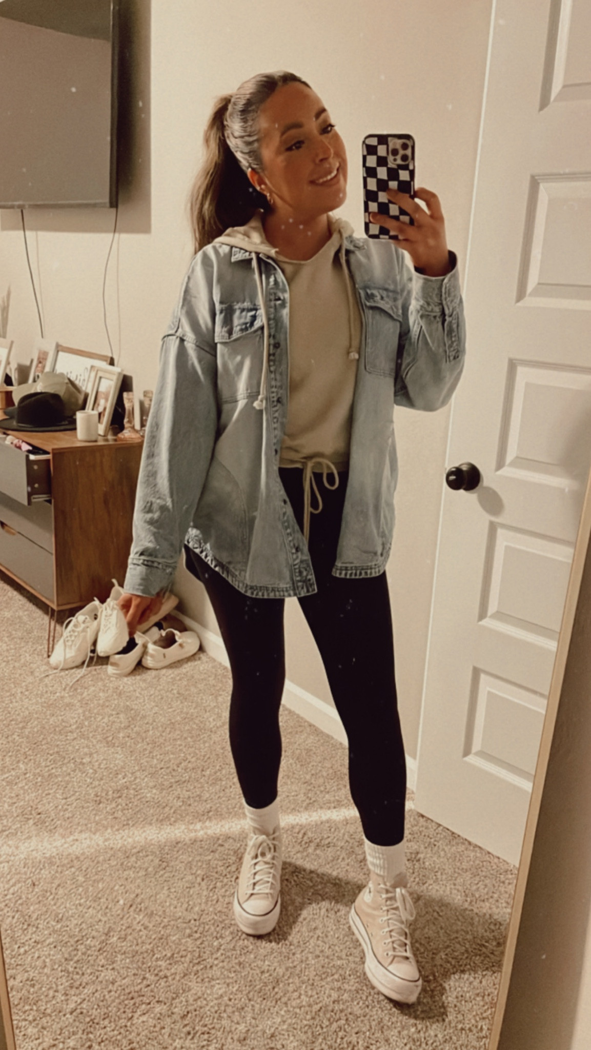 Cutest jean shacket ✨

Oversized jean shacket 
American eagle 
Cropped hoodie 
Platform converse 
Slouchy socks 

#LTKHoliday #LTKSeasonal #LTKGiftGuide