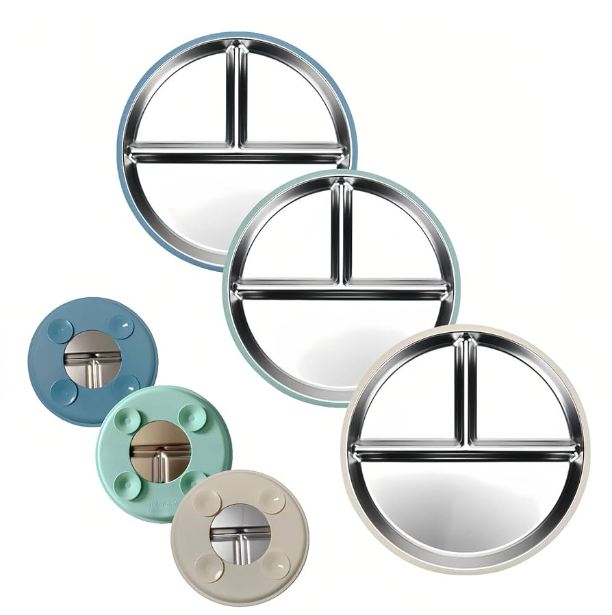 with Suction Stainless Steel Toddler Plates - 9” Divided Baby 3 pack Plates with Non-Slip Silic... | Amazon (US)