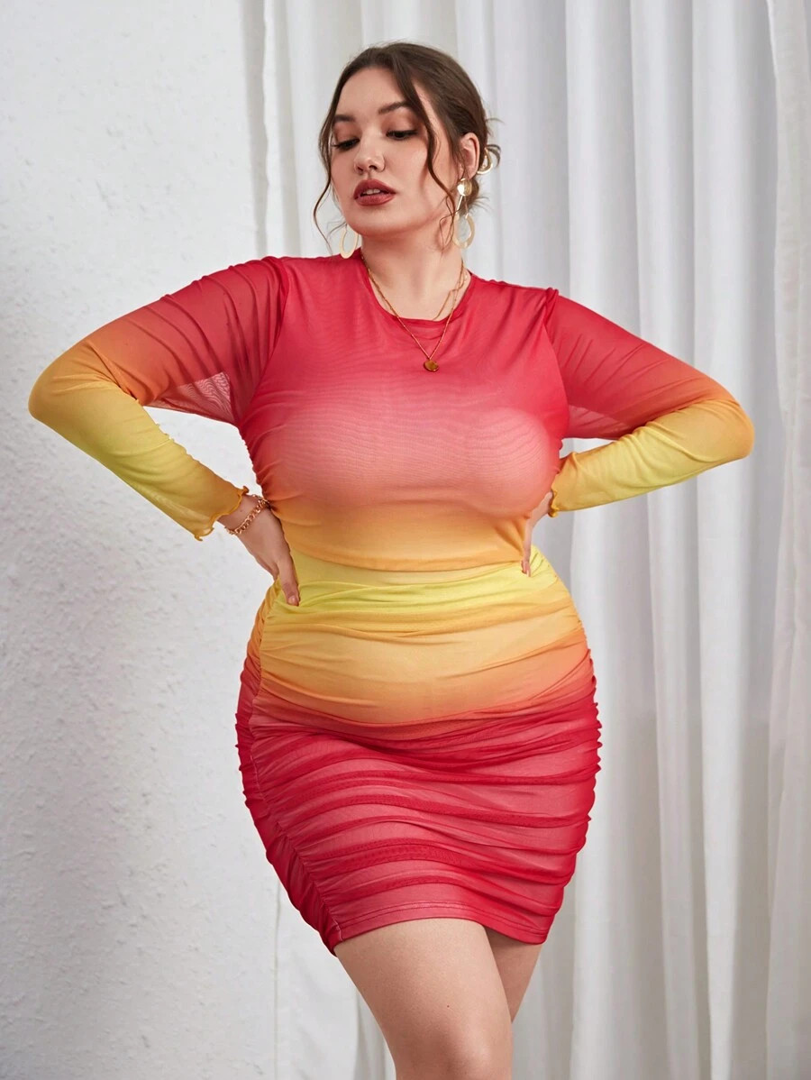 SHEIN Privé Plus Ombre Ruched Mesh Bodycon Dress | SHEIN