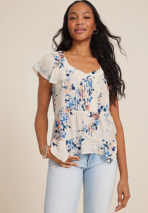 Floral Flutter Sleeve V Neck Blouse | Maurices