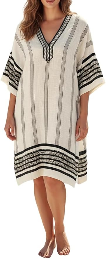 Women's V-Neck Short Sleeve Tunic Dress, Boho Ethnic Print Loose Summer Vacation Dress, Lightweig... | Amazon (US)