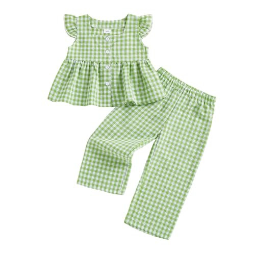 Thorn Tree Girls Summer Outfits Ruffle Sleeve Button Up Dress Tops Plaid Linen Pants Spring Toddler Girl Clothes (Green, 4-5T) | Amazon (US)