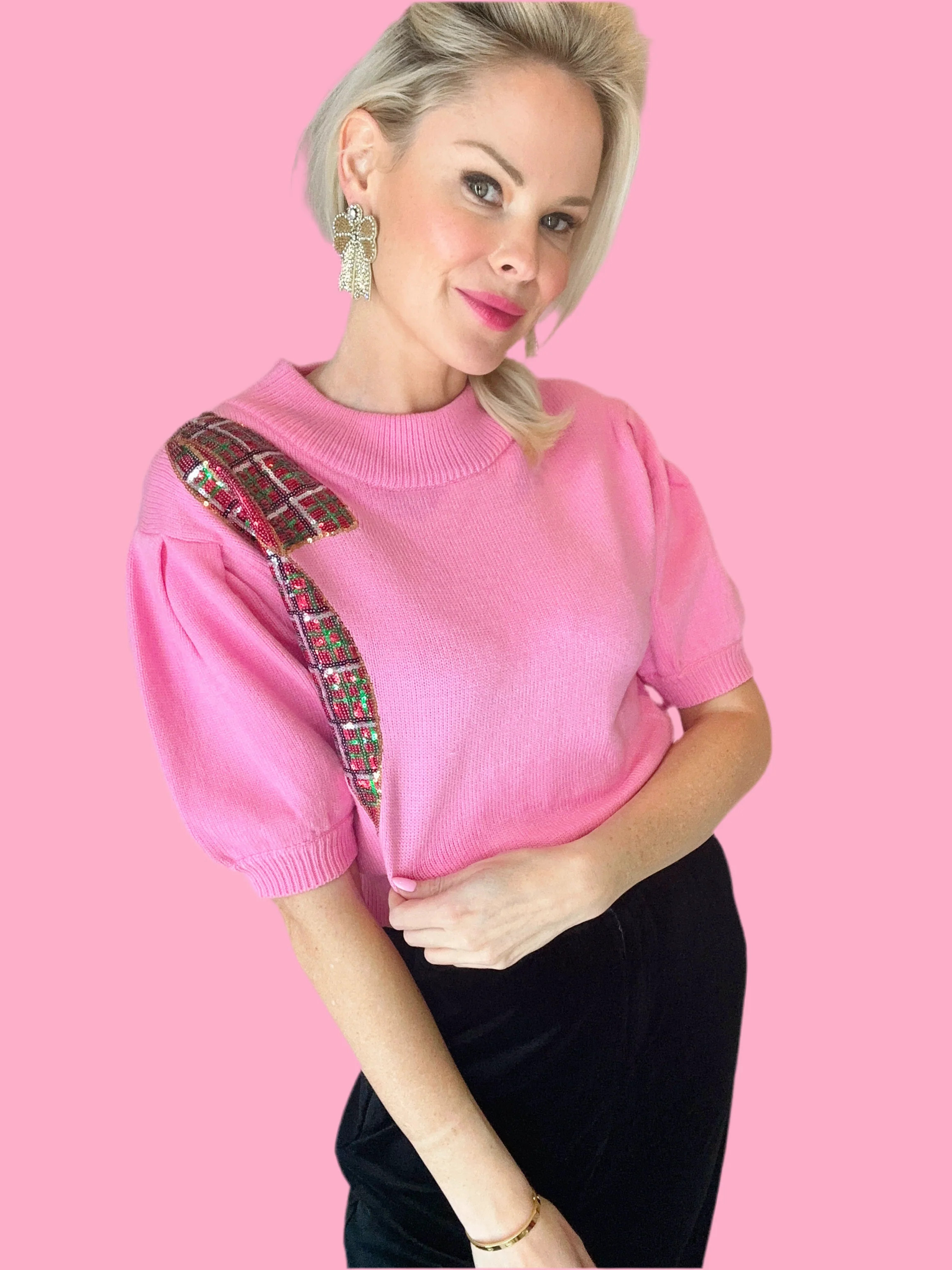 Christmas Plaid Sequins Embroidery Sweater | Teggy French