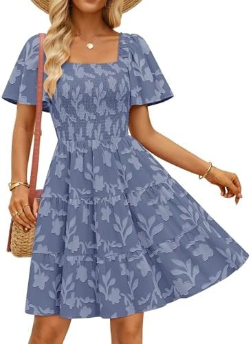 ZESICA Women's Summer Boho Floral Mini Dress 2026 Casual Short Sleeve Square Neck Swing Beach Vac... | Amazon (US)