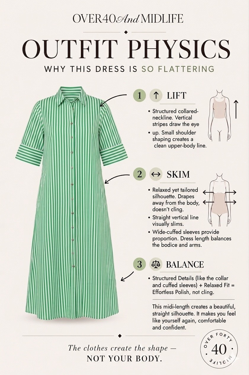 ✨Tap the bell, save and ❤️ for over 40 fashion, midlife style, midsize fashion and luxury looks for less. 

If getting dressed has felt harder lately… it might not be your body. It might just be the outfit physics.

This dress works because it creates shape without clinging.
✔ Lift through the collar and vertical stripe
✔ Skim through the relaxed silhouette
✔ Balance through the clean straight line and structured cuff

That’s the difference between a dress that just “fits” and one that actually makes you feel good in your body again.

This is the kind of piece that makes getting dressed easy. 🤍

⬇️Sizing information:
Large (size down if in between sizes.) 


👑"Helping you look good, feel good!" - Lindsey Denver

midlife fashion, over 40 style, Gen X style, quiet luxury, elevated basics, outfit physics, belly friendly fashion, mid rise jeans, wide leg jeans, structured denim jacket, linen pants, matching sets, polished casual outfits, modern classic style, flattering basics, comfortable chic, minimal luxury, easy summer outfits, midsize fashion, structure over squeeze, denim shirts, easy elegant outfits @shopavara

#LTKOver40 #LTKMidsize #LTKPlusSize

Comment SHOP below to receive a DM with the link to this post on my LTK ⬇ https://liketk.it/6cQln
