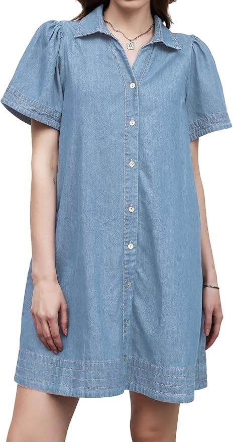 Women Denim Shirt Dress Summer Casual Short Sleeve Button Down V Neck Loose Jean Mini Dress | Amazon (US)