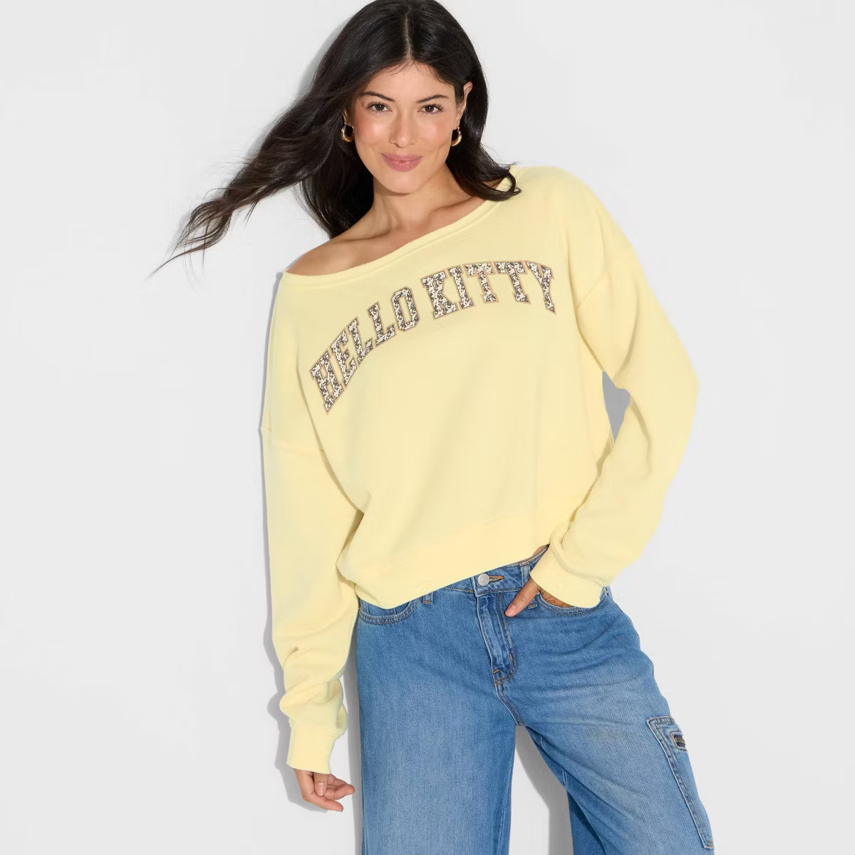 Women's Hello Kitty Cow Graphic Off the Shoulder Sweatshirt - Light Yellow | Target
