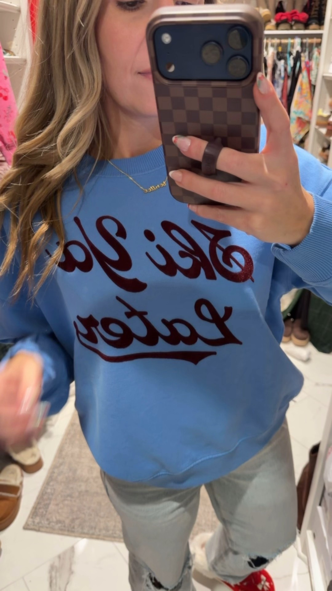 Sweatshirt TTS. I size down in these jeans and do the long because they run so short! I’m 5’7. Slippers ran small so I size up. 

#LTKootd #LTKGiftGuide #LTKHoliday