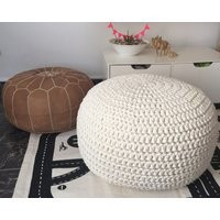 Chunky Crochet Pouf Ottoman, Pearl White Round Footstool, Eco Cotton, Neutral Scandinavian Decor | Etsy (US)