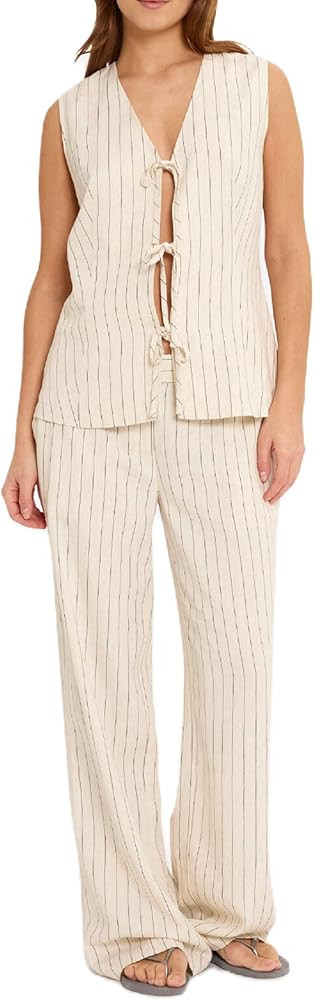 Women Tie Front 2 Piece Pants Outfit Striped Open Front Vest Top Wide leg Lounge Pants Y2K Summer... | Amazon (US)