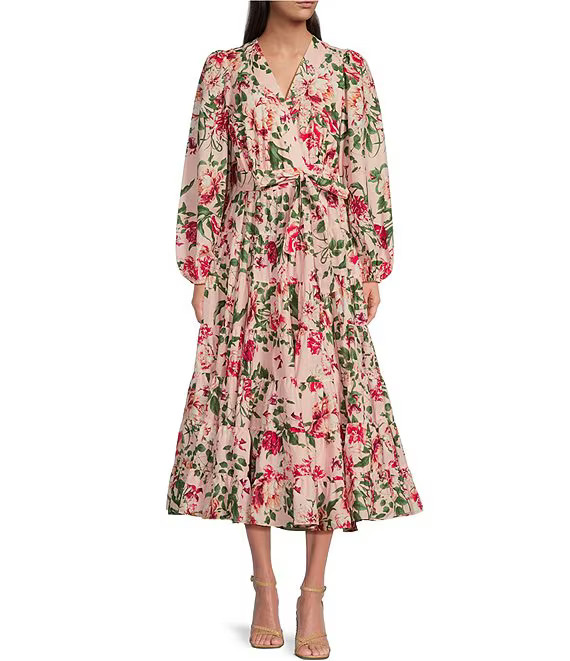 Tiered Long Sleeve Tie Waist Wrap Floral Print Midi Dress | Dillard's