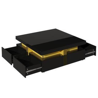 43.3 in. Black Glossy Square MDF Coffee Table with 4 Drawers and Gold Accent Trim durable construction | The Home Depot
