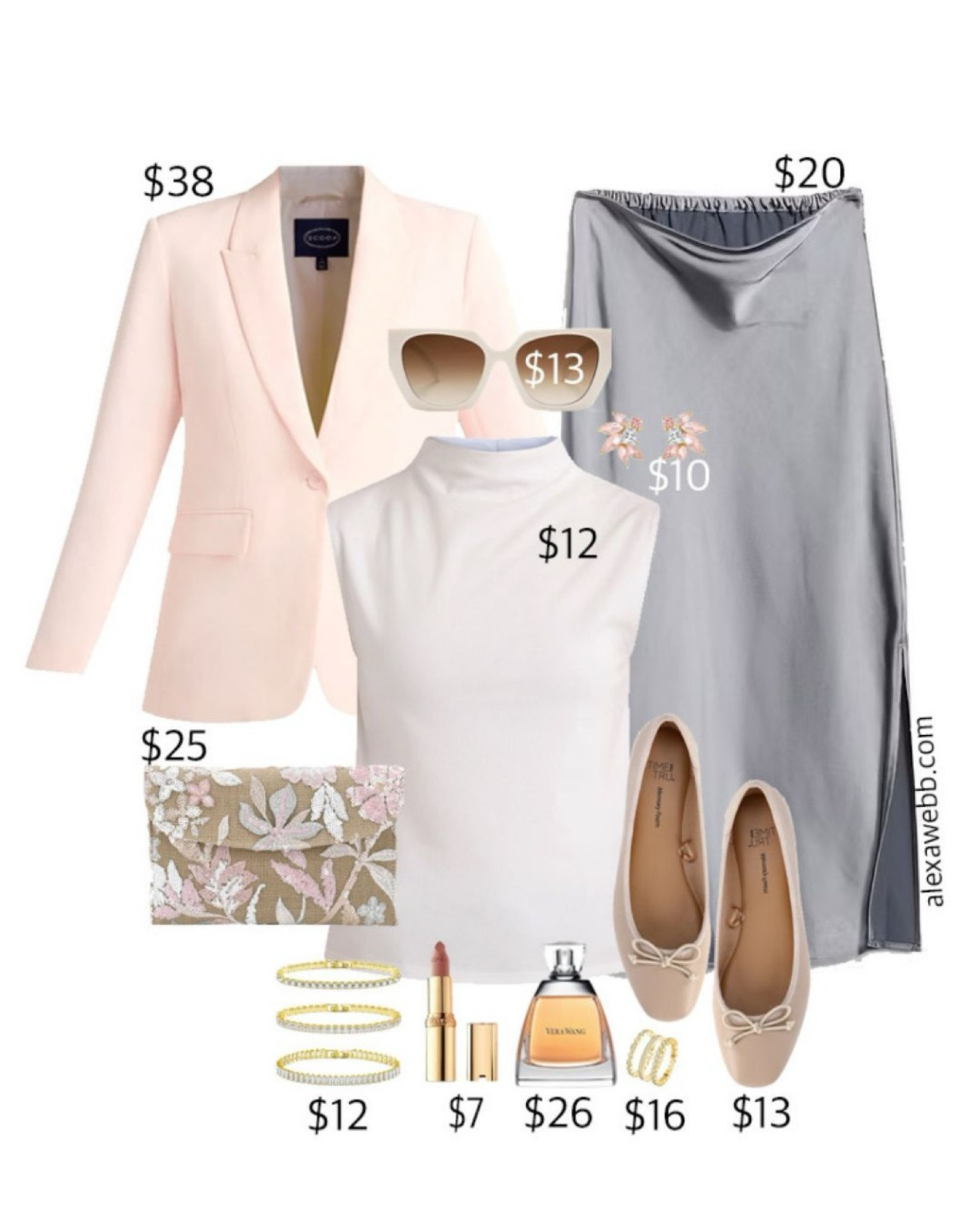 Plus Size on a Budget - Pale Pink Blazer 2 - A plus size date night or evening outfit idea with a pale pink blazer and grey slip skirt. Add a sparkly sequin bag and nude flats. A great night outfit for winter into spring. Alexa Webb #plussize

#LTKOver40 #LTKStyleTip #LTKPlusSize