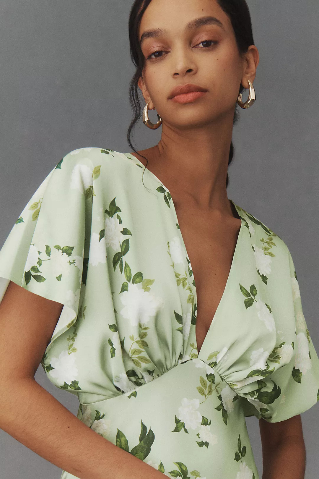 BHLDN Leila Deep-V Flutter-Sleeve Satin A-Line Gown | Anthropologie (US)