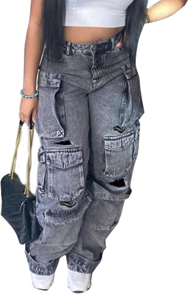 XZLUFNY Women's Cargo Pants Multi Pockets High Waisted Baggy Denim Trouser Jeans | Amazon (US)