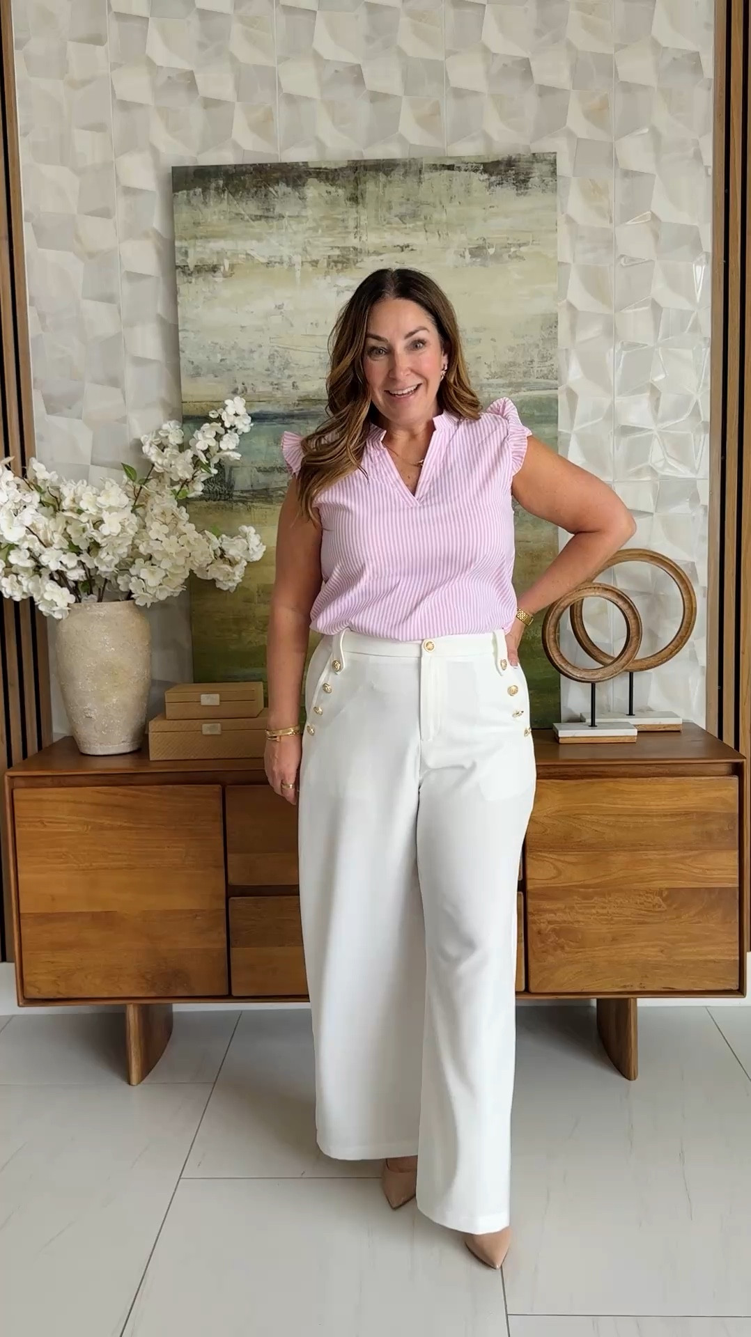 🌸 Pink stripes + gold buttons = the polished-but-effortless combo y'all need this season. The only downside is that the pants are a little sheer and you can see the pockets 😕 still would be cute in other colors though! 
📏Wearing L in Top and Size up in Pants, XL

#LTKOver40 #LTKMidsize #LTKWorkwear