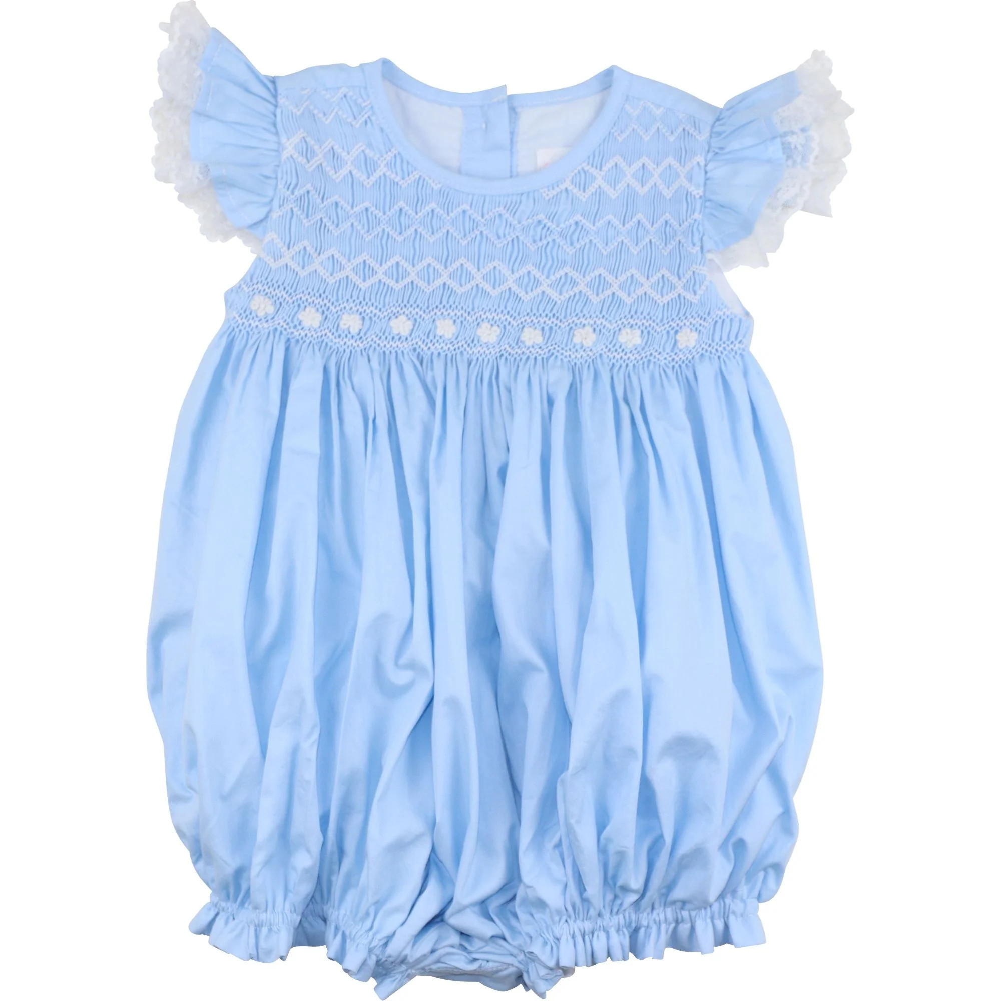 Blue Geometric Floral Smocked Bubble | Cecil and Lou