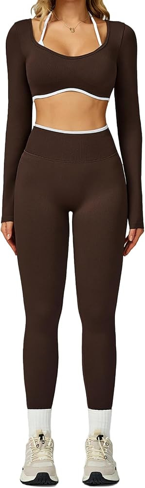 UONNOU Workout Sets for Women 2 Piece Seamless Long Sleeve Crop Top and High Waist Scrunch Butt L... | Amazon (US)