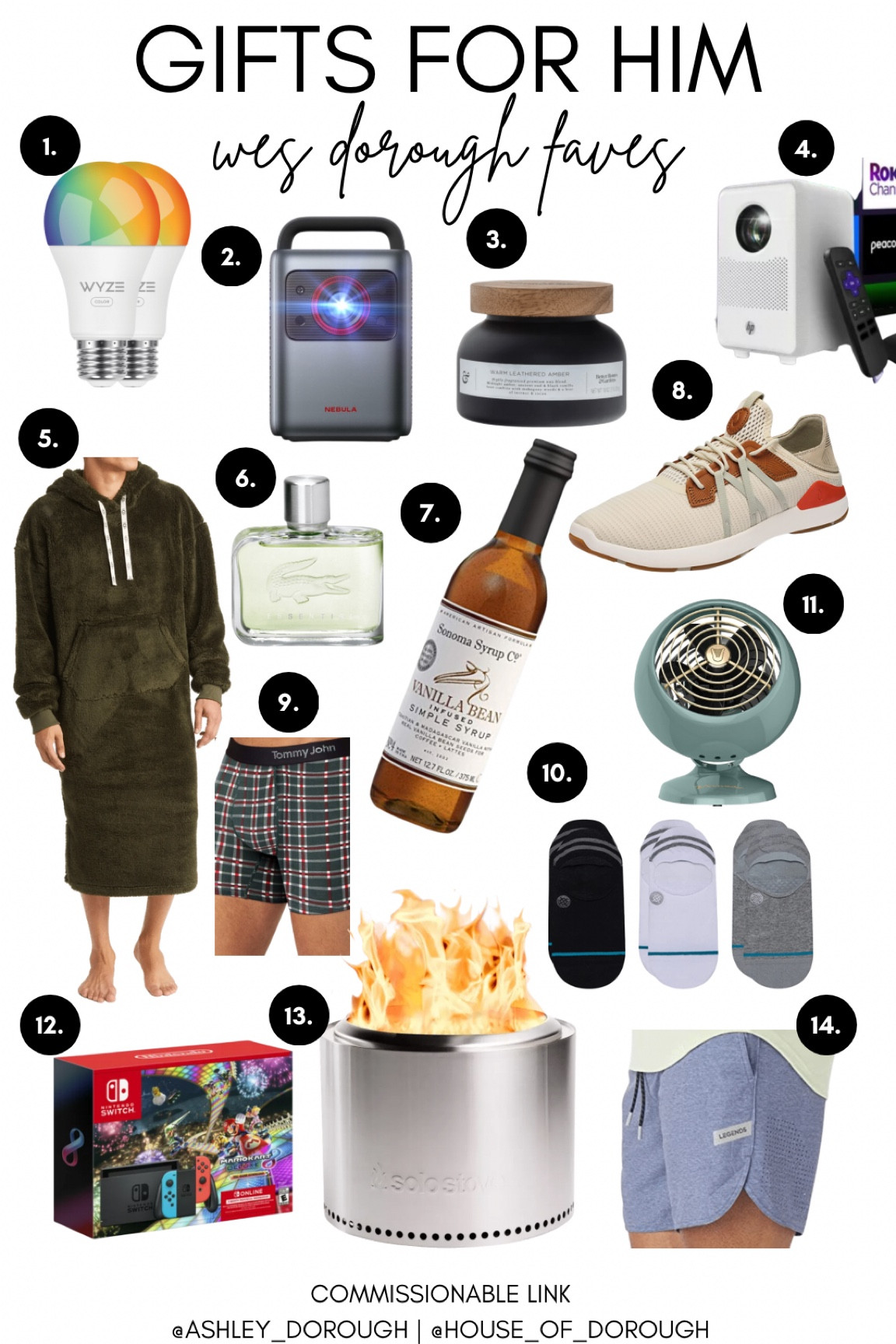 Ashley Dorough’s husband, Wes, has worked hard compiling his gift guides this year! These are items he either already has and loves, or items on his wish list! More details with his thoughts will be up on houseofdorough.com today! TOMMYJOHN 30% off code BF30

Solo stove grill
Mens robe
Mens sneakers
Vornado fan 
Nintendo switch
Walmart Nordstrom Etsy amazon 
Olukai
TommyJohn 
Ankor projector
Vanilla syrup
Roku
Mens cologne 

#LTKCyberweek #LTKGiftGuide #LTKmens