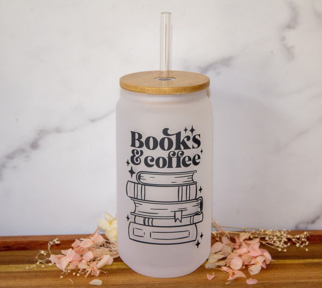 Books & Coffee Iced Coffee Cup, Book Glass Can, Iced Coffee Cup With Lid and Straw, Reusable Glas... | Etsy (US)