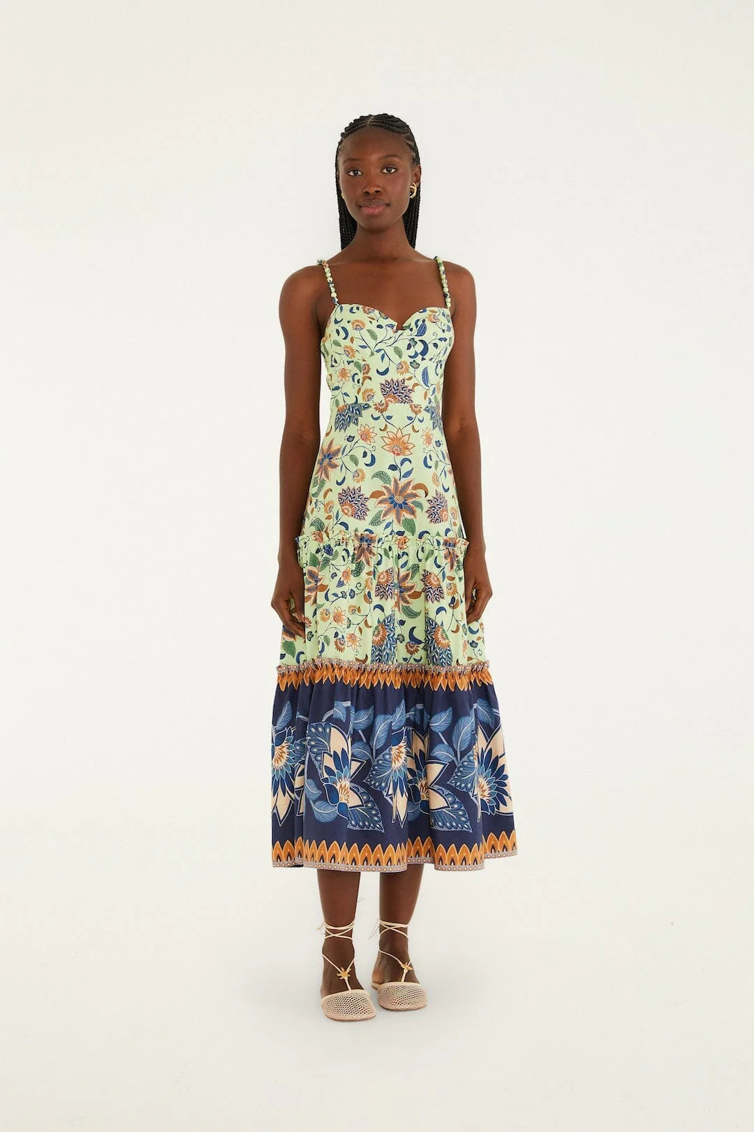 Green Floral Delhi Tapestry Beaded Straps Midi Dress | FARM Rio | Farm Rio UK