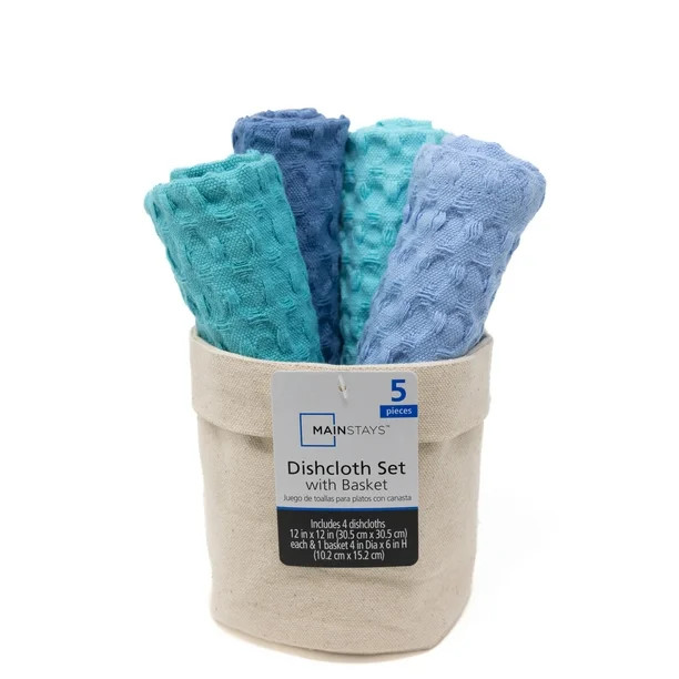 Mainstays Waffle Dishcloths, 1 Canvas Basket and 4 Dishcloths, Blue | Walmart (US)
