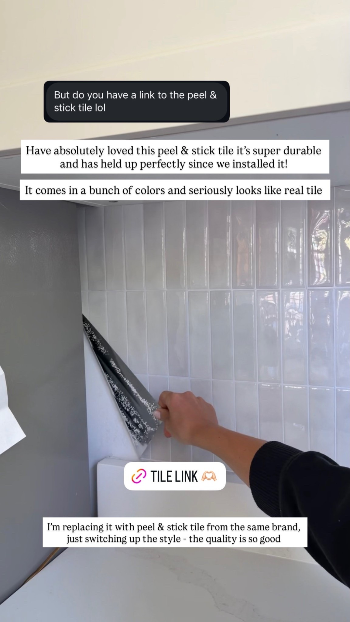 Have absolutely loved this peel & stick tile it’s super durable and has held up perfectly since we installed it! 

It comes in a bunch of colors and seriously looks like real tile  I’m replacing it with peel & stick tile from the same brand, just switching up the style - the quality is so good