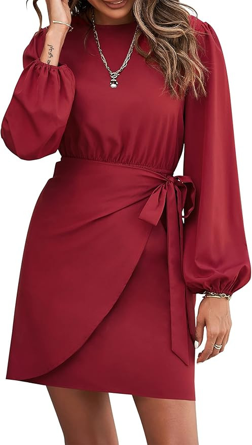 YOESEE Long Sleeve Wrap Mini Dress for Women Casual Round Neck Elastic High Waist Ruffle Dress wi... | Amazon (US)