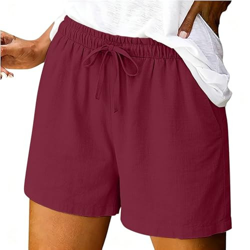 Linen Shorts Women Elastic High Waisted Plus Size Knee Length Boho Comfy Gauze Cute Summer 2026 Baggy Lightweight Outfits Ladies Loose Fit Seniors Flowy Teacher Beach Vacation Bermuda Shorts Wine S | Amazon (US)