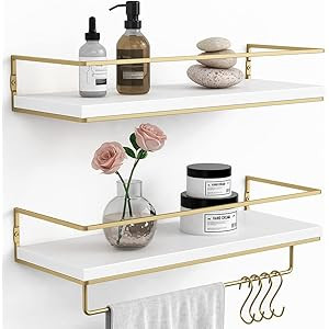 SHARIO White Floating Shelves - Set of 2, Wall Mounted Hanging Shelves with Golden Towel Rack, Decor | Amazon (US)