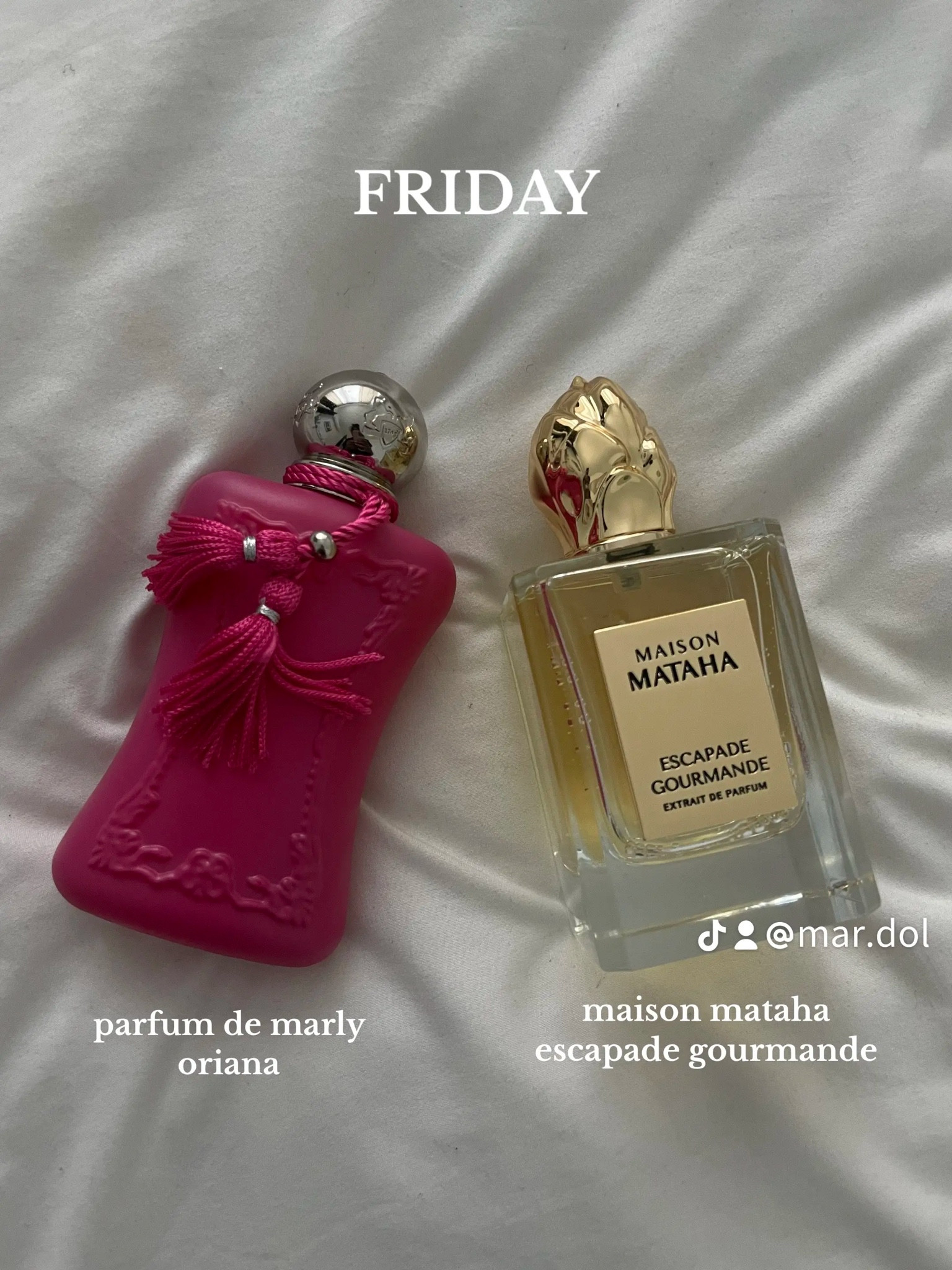 parfum de marly oriana + maison mataha escapade gourmande 

won’t let me link escapade gourmande but you can find on lucky scent! 