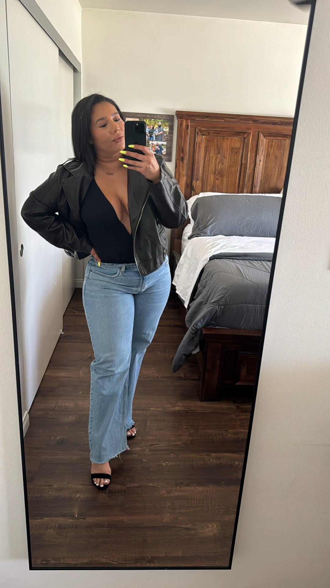 Date night outfit idea | Amazon bodysuit 
This is for my ladies who want a more risqué outfit for a night out. 

This bodysuit has great compression, I feel supported, and has adjustable straps. 

I paired it with a leather brown jacket and my Abercrombie jeans. 

Bodysuit- large tts 
Pants -
Jacket- large 

Date night outfit idea, summer outfits , leather jacket , brown leather jacket , bodysuit, Abercrombie jeans, midsize outfit idea , midsize style , curvy friendly jeans , casual outfit idea 

#LTKStyleTip #LTKMidsize #LTKFindsUnder100