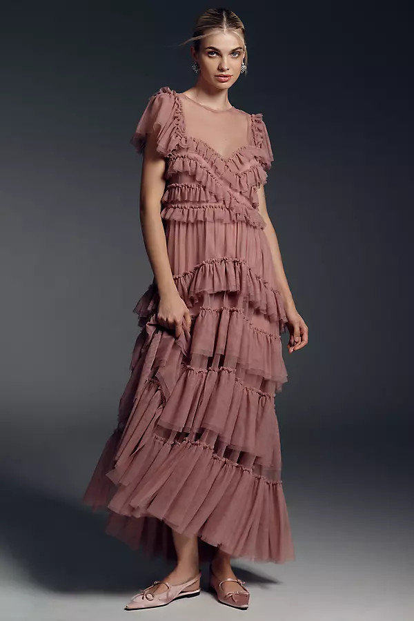 Ruffle-Sleeve Tiered Tulle Midi Dress | Anthropologie (US)