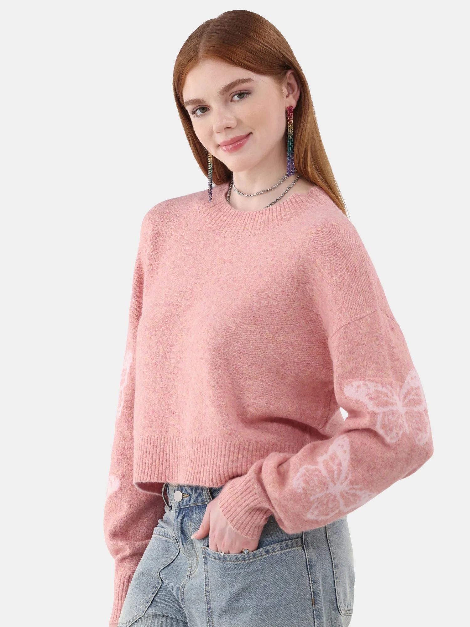 No Boundaries Crewneck Pullover Motif Sleeve Sweater, Women’s and Women’s Plus | Walmart (US)