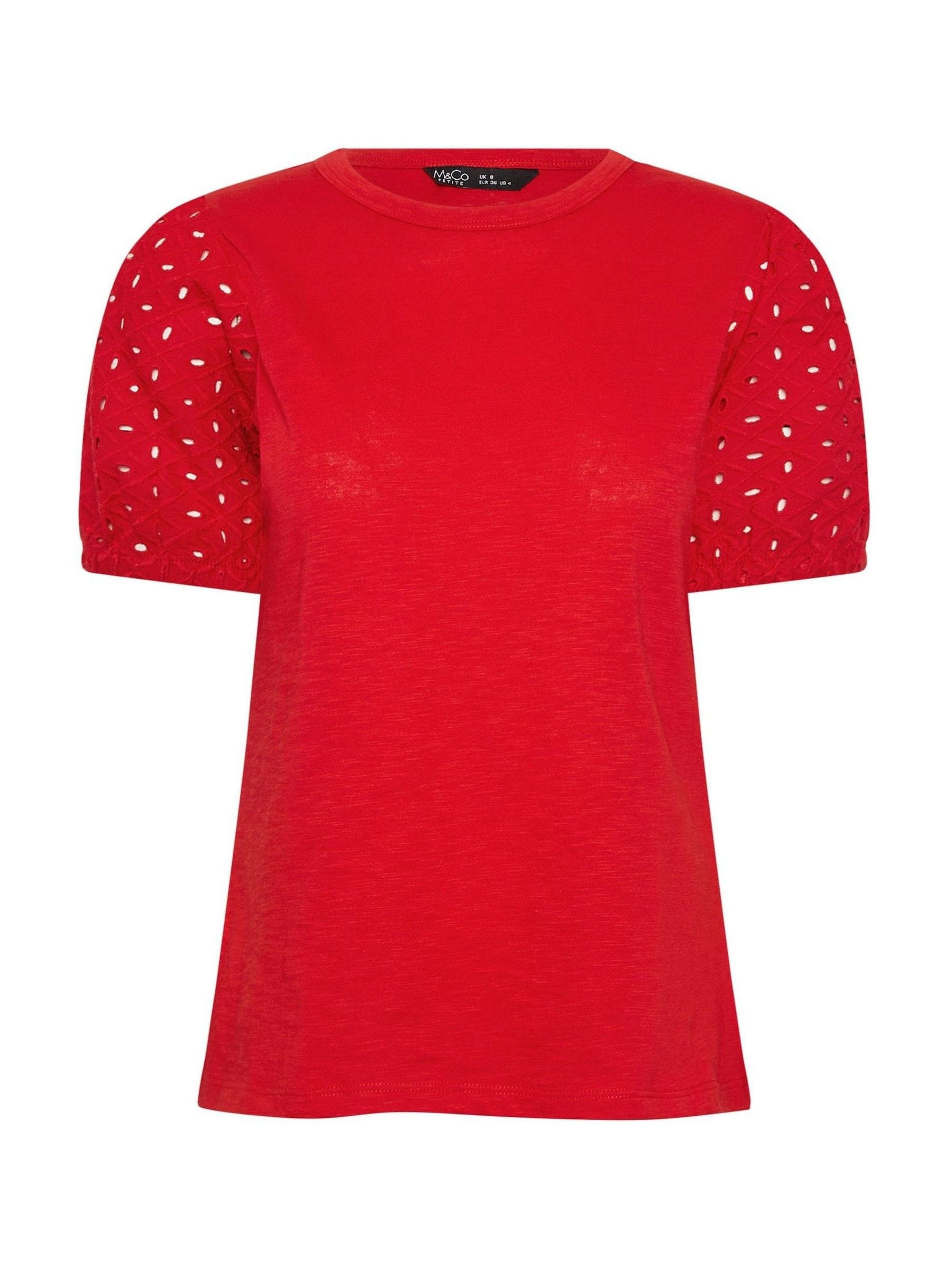 M & Co M & Co Red Petite Broderie Puff Sleeve T-Shirt | Next US