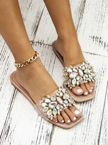 Women Dusty Pink Rhinestone Decor Clear Band Slide Sandals,Fashion Clear Rhinestone Sandals SKU: ... | SHEIN