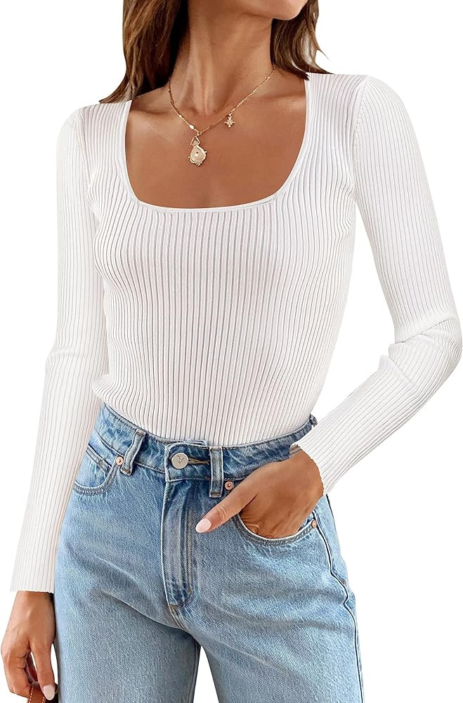 ZESICA Women's Casual Long Sleeve Tops Square Neck Basic Shirts Fall Winter Slim Fitted Ribbed Kn... | Amazon (US)