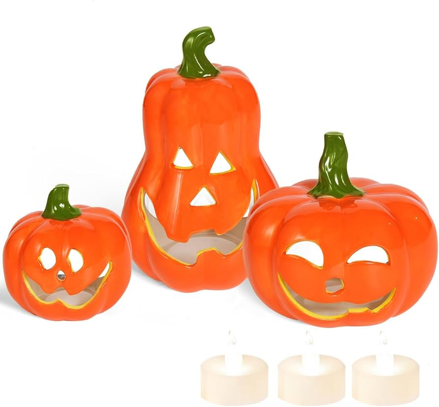 Ceramic Halloween Pumpkin Tea Light Holder Set of 3, Jack-O-Lantern Candle Holder with LEDs teali... | Amazon (US)