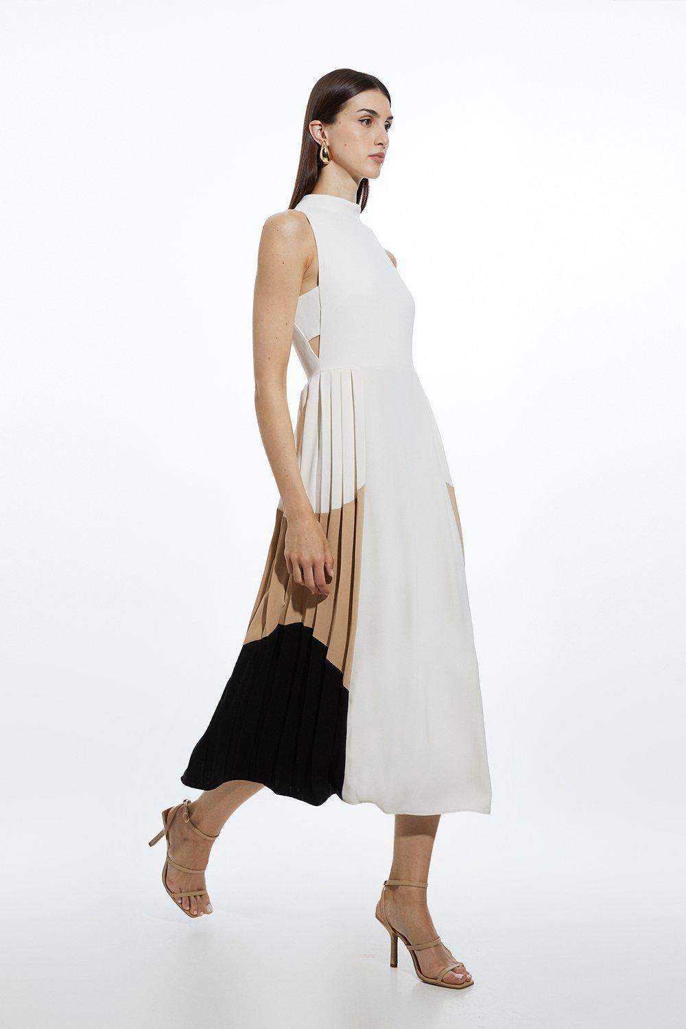 Fluid Tailored Colour Block Pleated Full Skirted Midaxi Dress | Karen Millen UK + IE + DE + NL