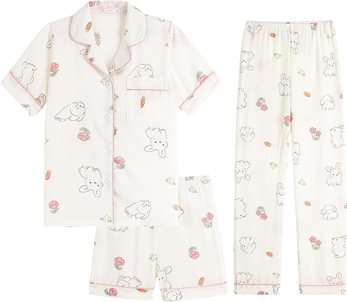 Big Girls Button Down Pajama Set 3pcs Short Sleeve Long Pants with Shorts Crepe Wrinkled Fabric S... | Amazon (US)