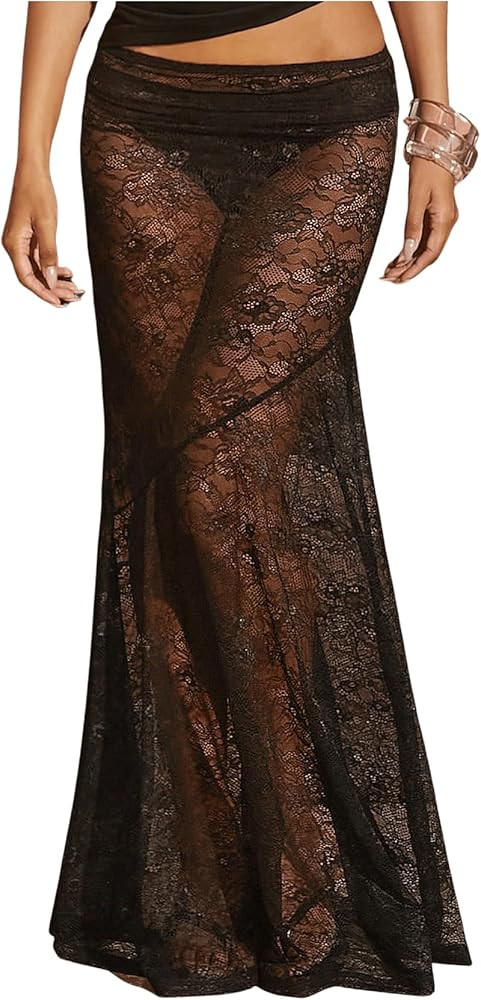 WDIRARA Women's Sexy See Through Floral Lace Sheer Maxi Skirts Elastic Waist Bodycon Long Mermaid... | Amazon (US)