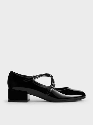 Black Patent Crossover-Strap Block-Heel Mary Janes | CHARLES & KEITH | Charles & Keith CA