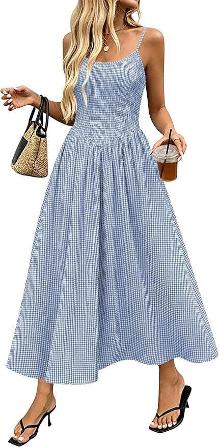 Relipop Women's Summer Midi Dresses 2026 Casual Plaid Sleeveless Spaghetti Strap Smocked Tiered B... | Amazon (US)